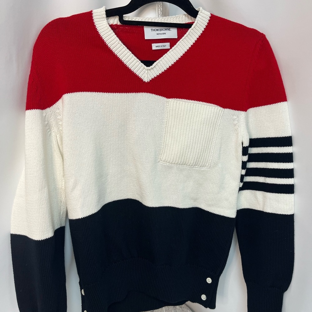 Thome Browne Cotton Jersey Flower Four Bar V-Neck Jumper Pullover Small (36)